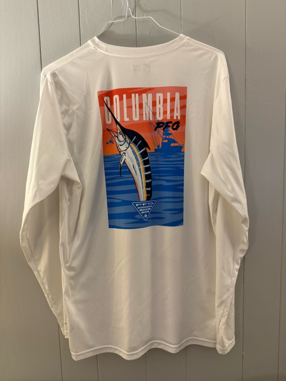 Columbia Men’s White PFG Long-Sleeve Fishing Shirt (Covershot is Back of Shirt)